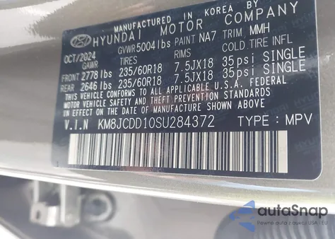 2025 Hyundai Tucson Hybrid Sel Convenience z USA, uszkodzony, nr VIN KM8JCDD10SU284372